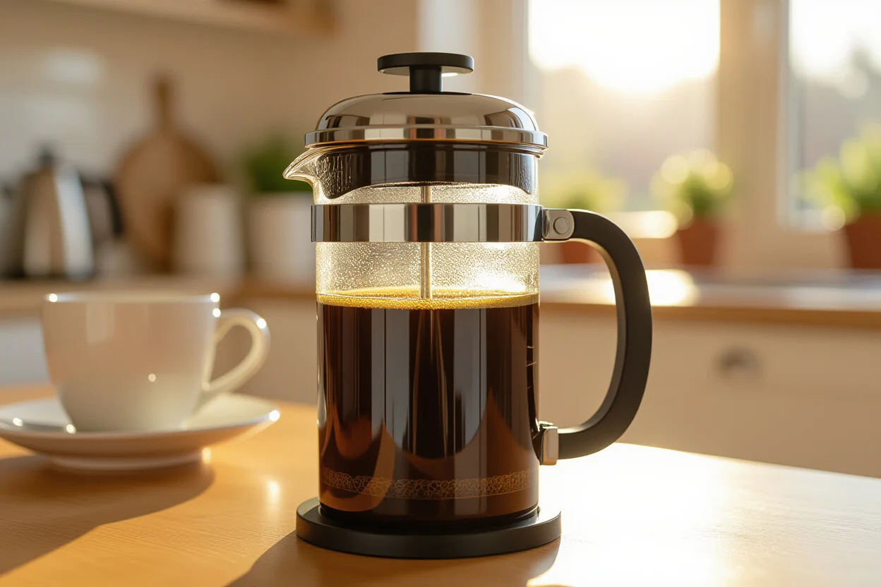 French press mid-brew with golden coffee visible through clear glass